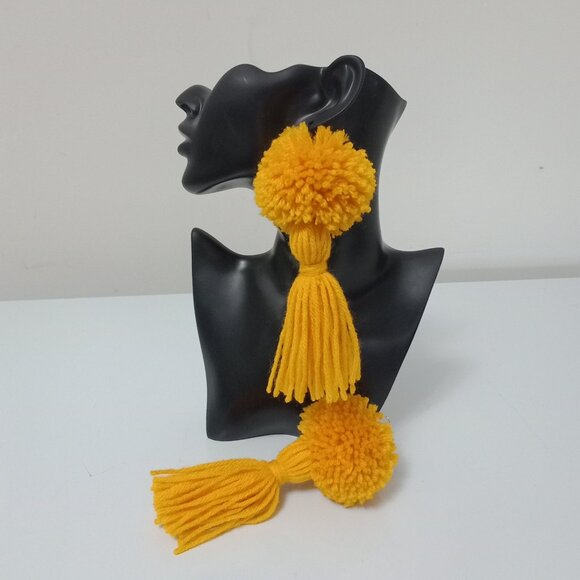 Boho Chic Yellow Pom Pom Tassel Earrings Handmade Statement Jewelry - Picture 5 of 7